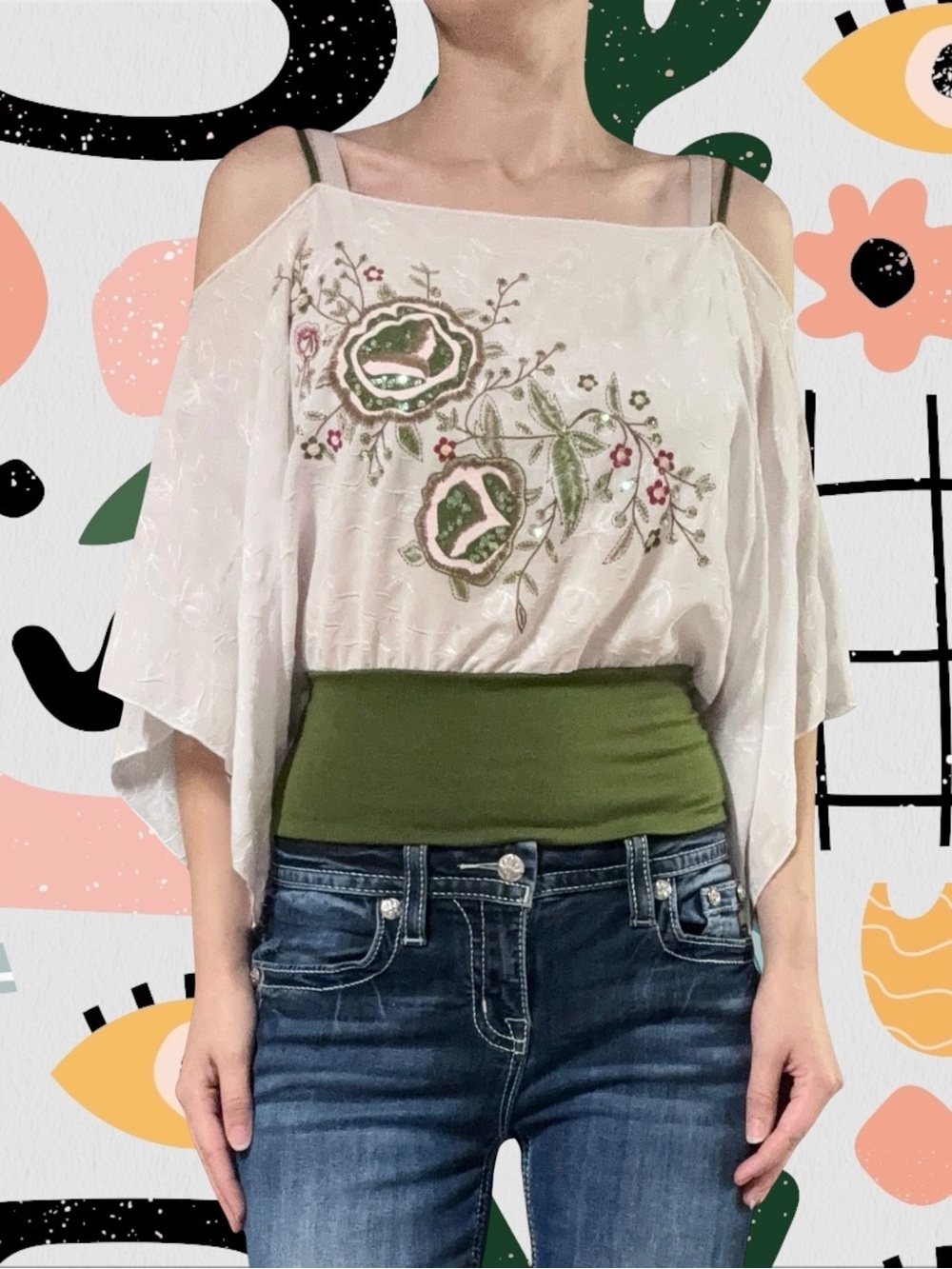 Syber Girl | Vintage Y2K Embroidered Sequin Dolman Top with Banded Bottom